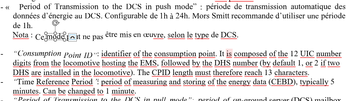 Screenshot showing a document with text in both English and French. Some English text is italicized, and red underlines indicate spelling or grammar errors in multiple places.