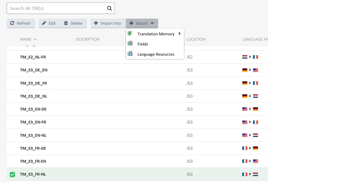 Screenshot showing a list of translation memories with an open Export menu displaying options: Translation Memory, Fields, and Language Resources.