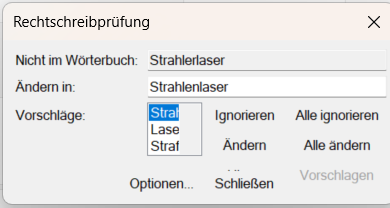 Screenshot of a spell check window in Trados Studio at 125% scaling. The word 'Strahlerlaser' is not in the dictionary, with suggestions like 'Strahlenlaser' displayed.