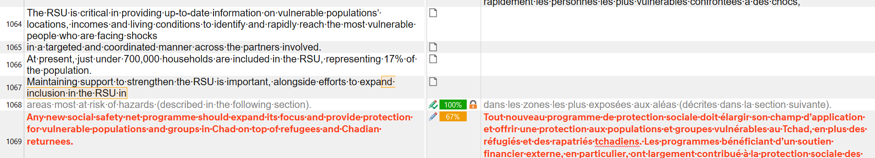 Screenshot showing two columns of text in Trados Studio. The left column is in English, and the right column is in French. One segment is highlighted in red, and another shows a 67% match.
