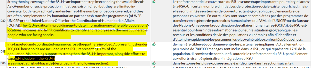 Screenshot showing two columns of text in Trados Studio. The left column is in English, and the right column is in French. Several segments are highlighted in yellow.