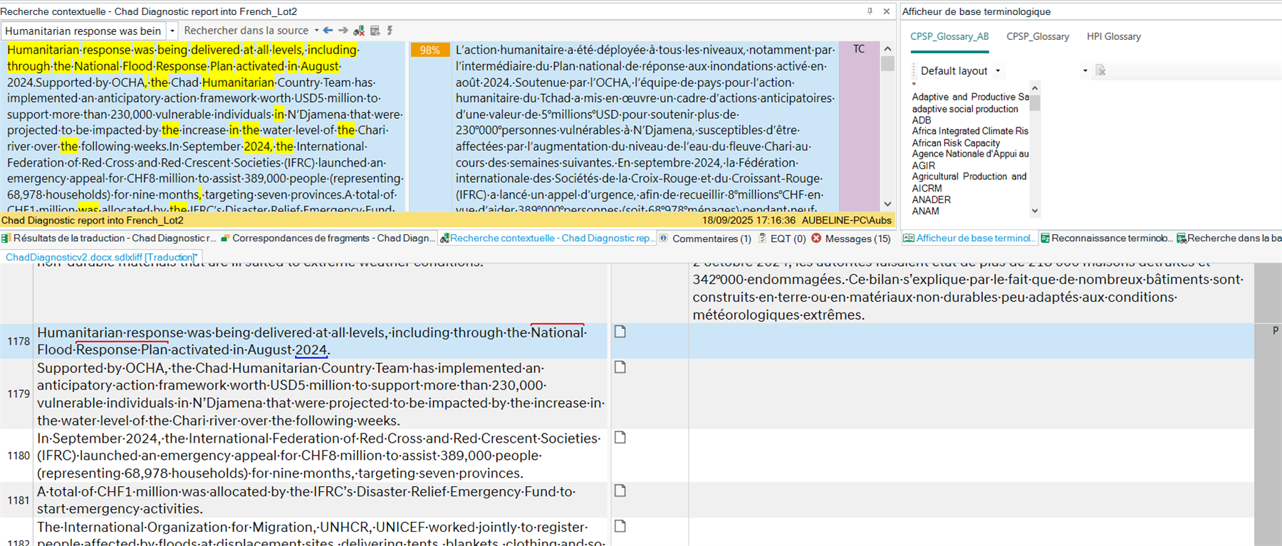 Trados Studio interface showing a translation segment with highlighted text in yellow, a 98% match score, and terminology suggestions on the right panel.