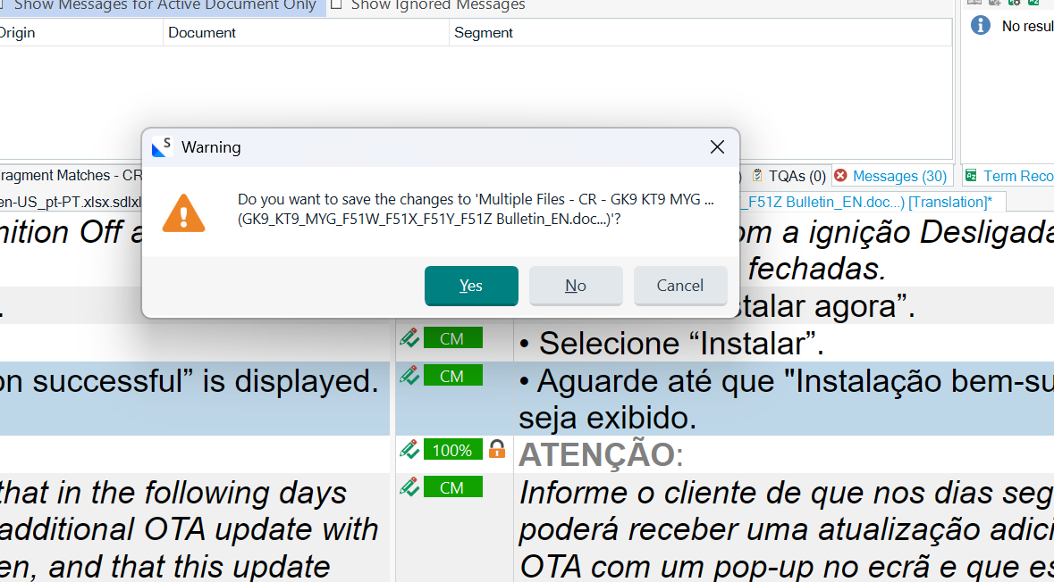 Warning dialog box in Trados Studio 2024 asking 'Do you want to save the changes to Multiple Files - CR - GK9 KT9 MYG ... (GK9_KT9_MYG_F51W_F51X_F51Y_F51Z Bulletin_EN.doc...)?' with Yes, No, and Cancel buttons.