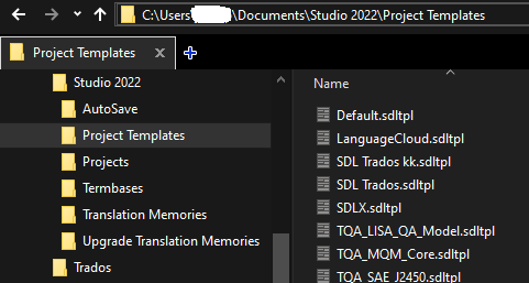 File explorer window showing the path C:UsersredactedDocumentsStudio 2022Project Templates. The right pane lists project template files such as Default.sdltpl and SDLX.sdltpl.