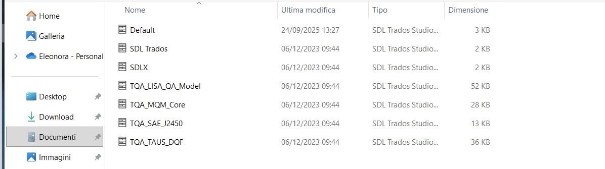 File explorer window showing a list of SDL Trados Studio files in the 'Documenti' folder, with columns for Name, Last Modified Date, Type, and Size.