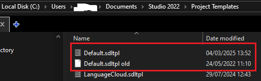 File explorer window showing the folder path 'C:UsersredactedDocumentsStudio 2022Project Templates'. Two files are highlighted: 'Default.sdltpl' and 'Default.sdltpl old'.