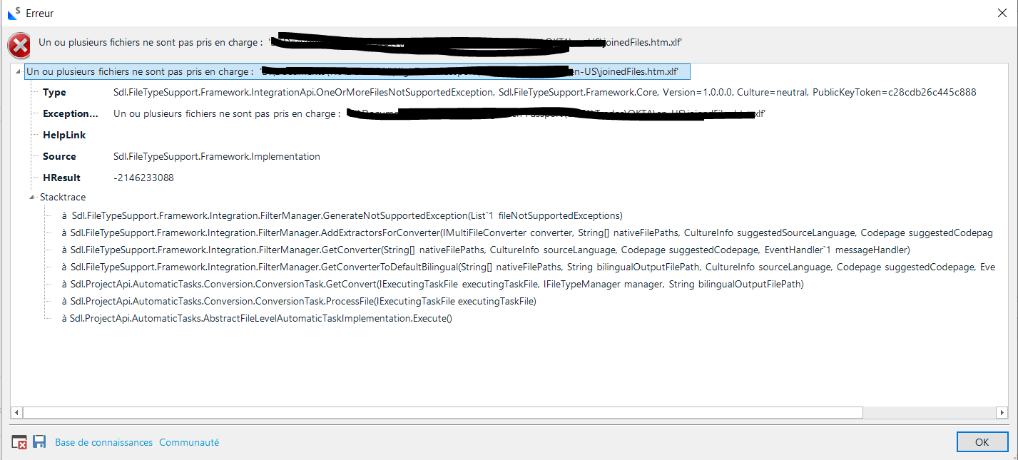 Error window in Trados Studio showing a message in French stating 'Un ou plusieurs fichiers ne sont pas pris en charge' with details about the exception and stack trace.