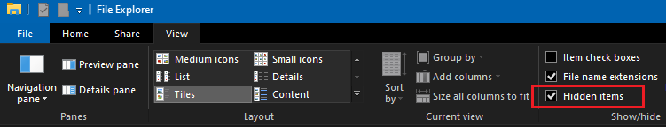 File Explorer window with the 'Hidden items' checkbox highlighted in the View tab.