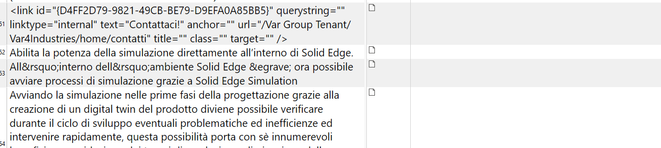 Screenshot showing XML code with a link tag containing attributes such as id, linktype, text, anchor, url, title, and target. Italian text is visible below the code.