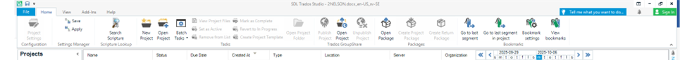 Trados Studio interface with toolbar options such as New Project, Open Project, Open Package, and View Project Files, along with a project list at the bottom.