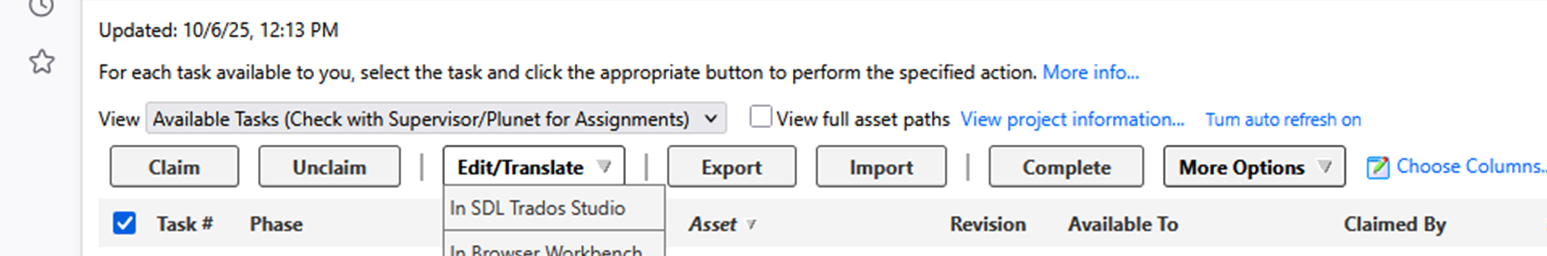 Interface showing task options like Claim, Unclaim, EditTranslate, Export, Import, and Complete, with a dropdown under EditTranslate and a checkbox for Task #.