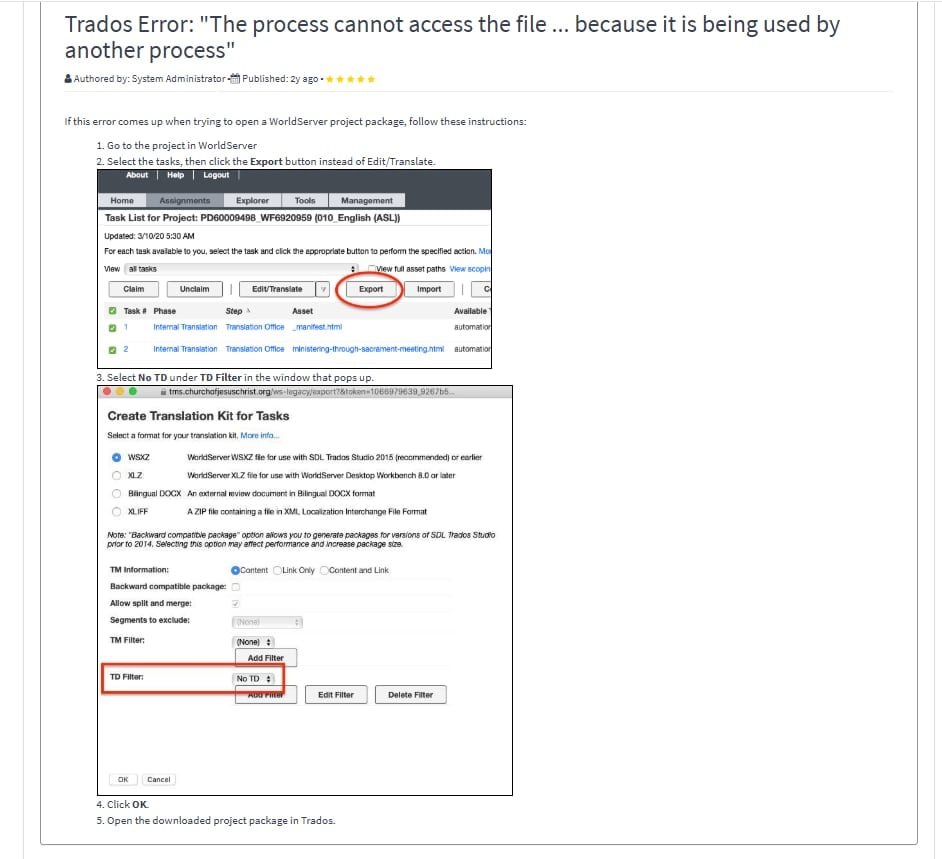 Screenshot showing a Trados error message: 'The process cannot access the file ... because it is being used by another process.'