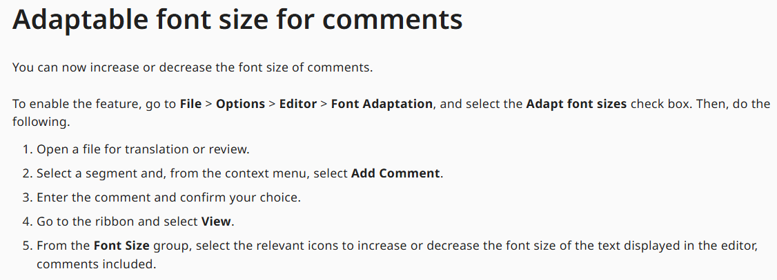 Screenshot showing instructions for adapting font size for comments in Trados Studio, with steps to enable the feature via File, Options, Editor, and Font Adaptation.