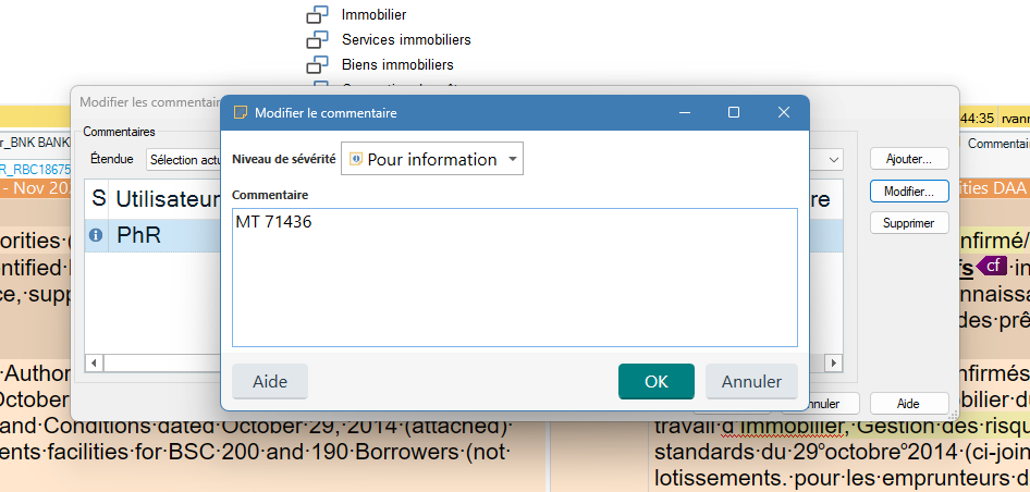 Screenshot of the Modify Comment dialog in Trados Studio, showing severity level set to 'Pour information' and a comment field with text 'MT 71436'.