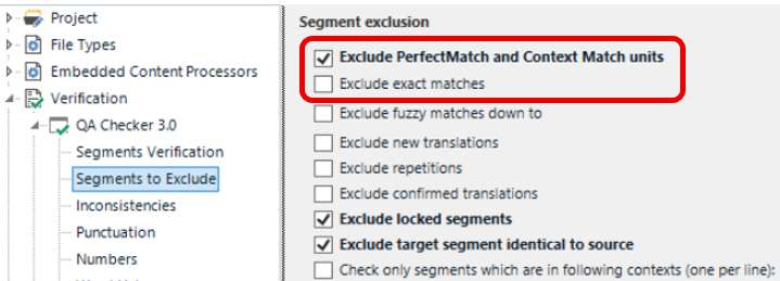 Screenshot of the QA Checker 3.0 settings in Trados Studio 2024 SR1, showing the 'Exclude PerfectMatch and Context Match units' checkbox selected and 'Exclude exact matches' unchecked.