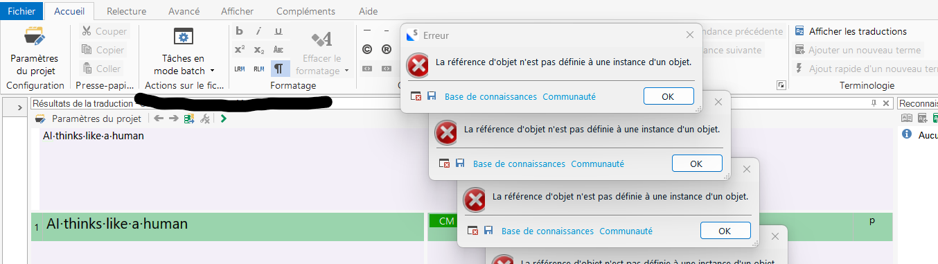 Trados Studio interface showing multiple error pop-ups in French stating 'Object reference not set to an instance of an object' with options to access knowledge base or community.