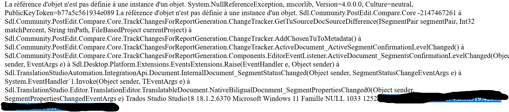 Error message in French stating 'Object reference not set to an instance of an object' with technical details and stack trace displayed in a plain text format.