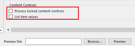 Screenshot of the Content Controls section in Trados Studio with two checkboxes: 'Process locked content controls' and 'List item values'.