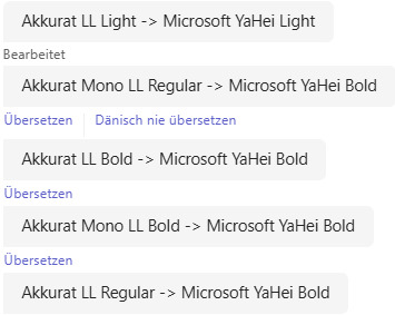 Screenshot showing font mapping: Akkurat LL Light mapped to Microsoft YaHei Light, Akkurat Mono LL Regular mapped to Microsoft YaHei Bold, and Akkurat LL Bold mapped to Microsoft YaHei Bold.