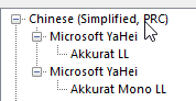 Screenshot showing a tree structure with 'Chinese (Simplified, PRC)' as the main node, containing 'Microsoft YaHei' with sub-nodes 'Akkurat LL' and 'Akkurat Mono LL'.