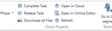 Screenshot of the Cloud Projects menu in Trados Studio showing options: Complete Task, Release Task, Download all Files, Open in Cloud, Open in Online Editor, and Refresh.