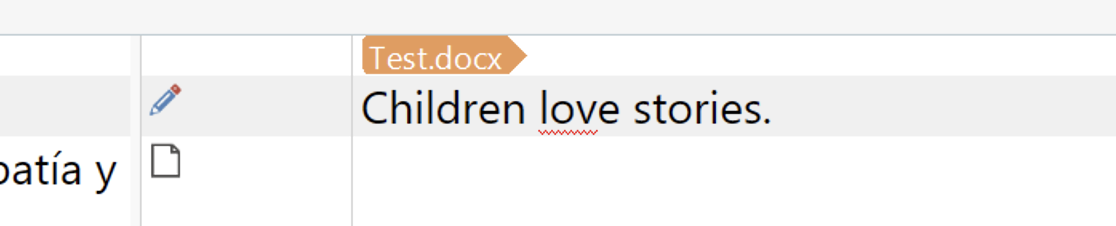 Screenshot showing a Word document named Test.docx with the text 'Children love stories.' The word 'love' is underlined in red, indicating a possible spelling or grammar issue.
