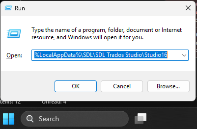Windows Run dialog box with the text '%LocalAppData%SDLSDL Trados StudioStudio16' entered in the Open field, and OK button highlighted.