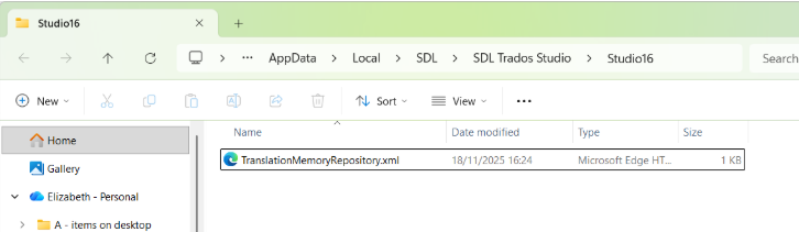 File explorer window showing the path Studio16 under SDL Trados Studio. A file named TranslationMemoryRepository.xml is selected, with a size of 1 KB and a date modified of 18112025 16:24.