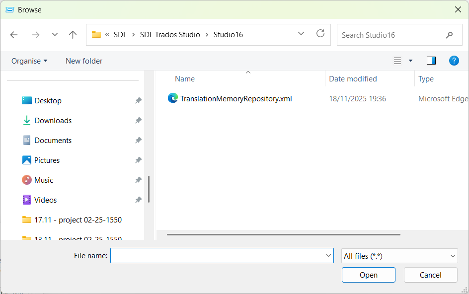 File explorer window showing the folder path SDL > SDL Trados Studio > Studio16. A file named TranslationMemoryRepository.xml is selected. Open and Cancel buttons are visible.