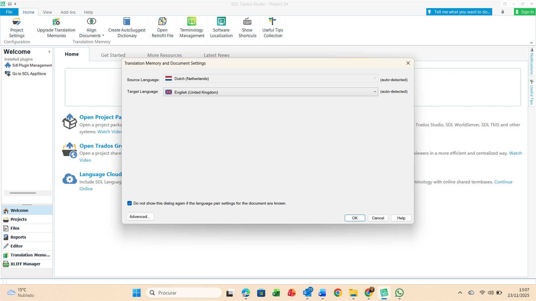 Trados Studio interface showing the Translation Memory and Document Settings window. Source Language is set to Dutch (Netherlands) and Target Language to English (United Kingdom), both auto-detected.