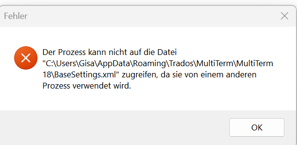 Error message in German with a red cross icon. Text reads: 'Der Prozess kann nicht auf die Datei C:UsersGisaAppDataRoamingTradosMultiTermMultiTerm 18BaseSettings.xml zugreifen, da sie von einem anderen Prozess verwendet wird.' An 'OK' button is visible.