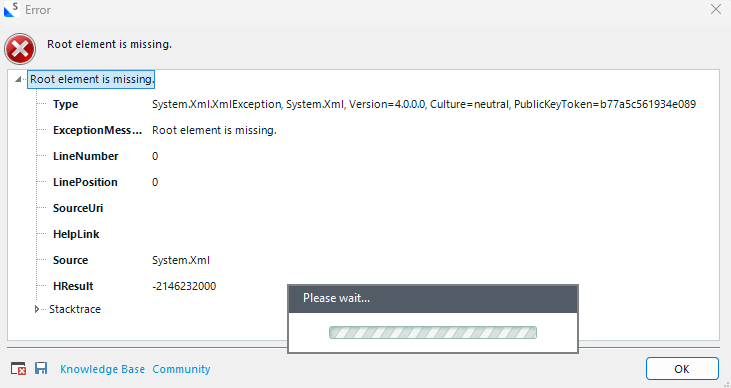 Error dialog in Trados Studio displaying 'Root element is missing' with details about a System.Xml.XmlException. A 'Please wait...' loading bar is visible at the bottom.