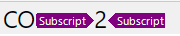 Screenshot showing 'CO' followed by the number 2 formatted as subscript, with purple tags labeled 'Subscript' around the number 2.
