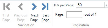 Screenshot showing navigation buttons for First Page, Previous Page, Next Page, and Last Page, with TUs per Page set to 50 and a blank Page field out of 1.