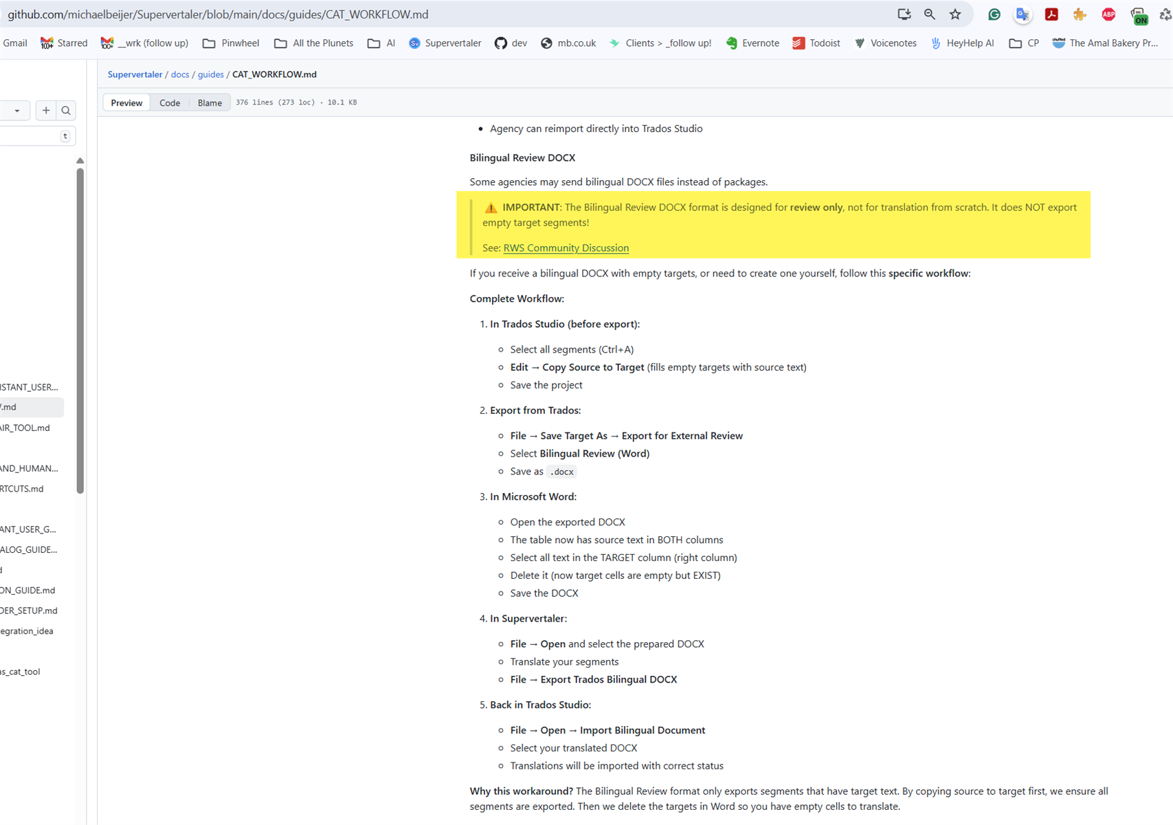 Screenshot of a GitHub page showing a guide titled 'CAT_WORKFLOW.md' with a highlighted warning about the Bilingual Review DOCX format being for review only, not for translation from scratch.