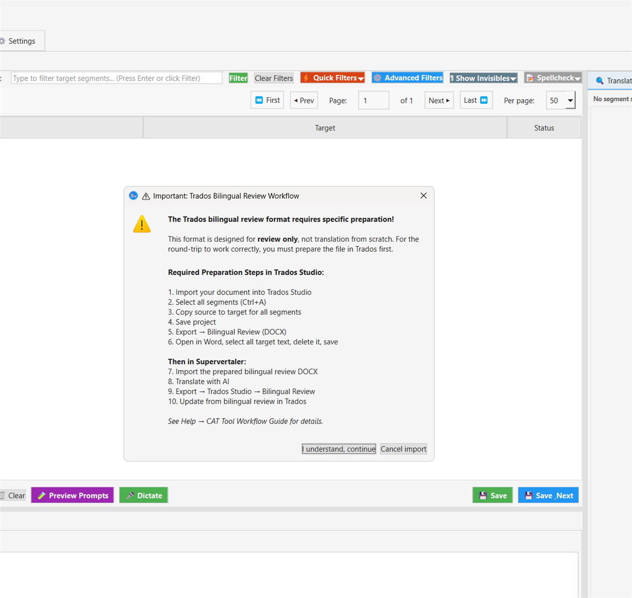 Screenshot of a Trados Studio warning pop-up titled 'Important: Trados Bilingual Review Workflow' explaining the preparation steps required for using the Bilingual Review format, with options to 'understand, continue' or 'Cancel import'.