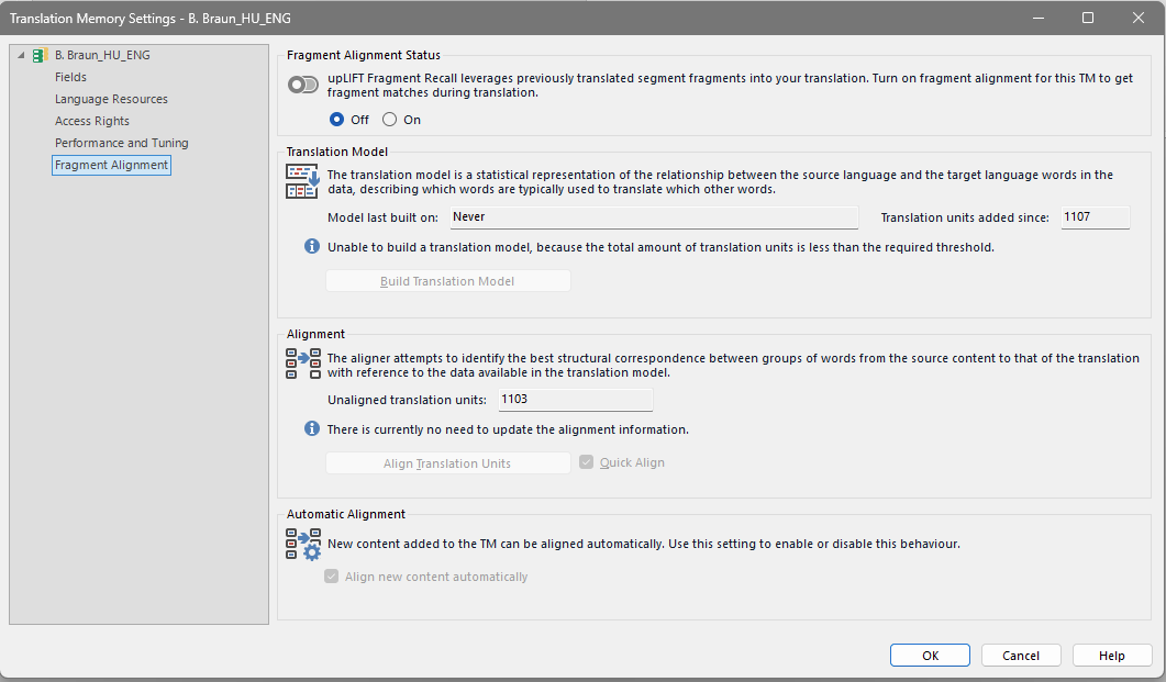 Translation Memory Settings window showing Fragment Alignment Status set to On. Translation Model section indicates translation units added: 1107. Unable to build a translation model message displayed.
