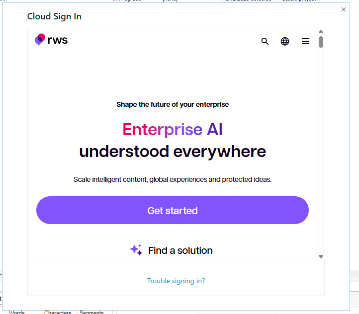 Cloud Sign In page for RWS with the text 'Enterprise AI understood everywhere' and options like 'Get started' and 'Find a solution'. A 'Trouble signing in?' link is at the bottom.