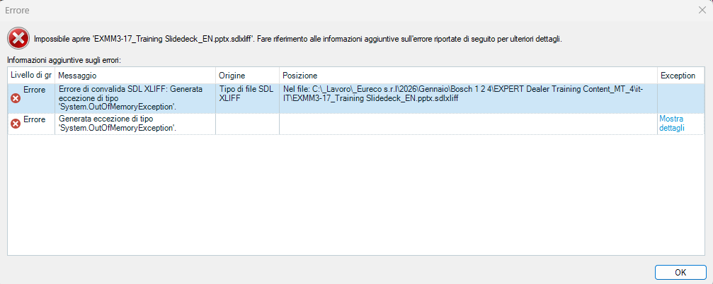 Error window showing a message: 'Unable to open EXIMM3-17_Training_SlideDeck_EN.pptx.sdlxliff'. Additional error details include 'System.OutOfMemoryException'.
