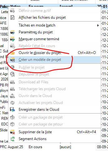 Screenshot of a dropdown menu in Trados Studio with the 'Publier le projet' option circled in red.