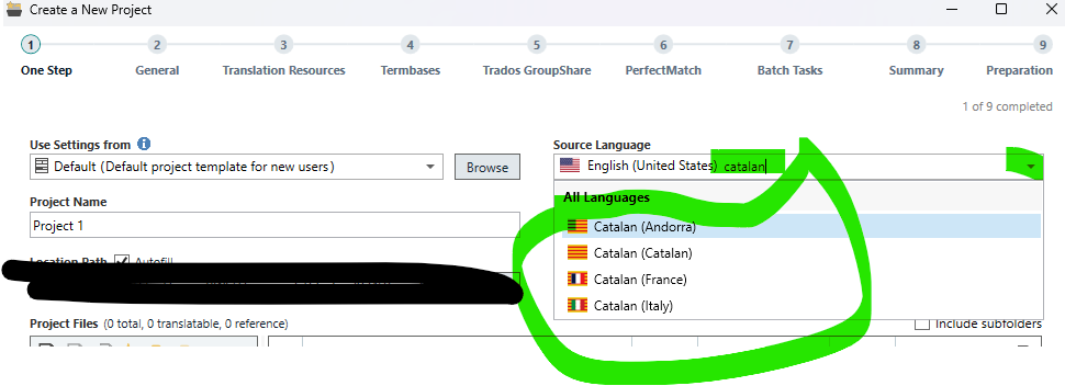 Screenshot of the 'Create a New Project' window in Trados Studio. The source language is set to English (United States), and Catalan is selected from the dropdown menu under 'All Languages'.