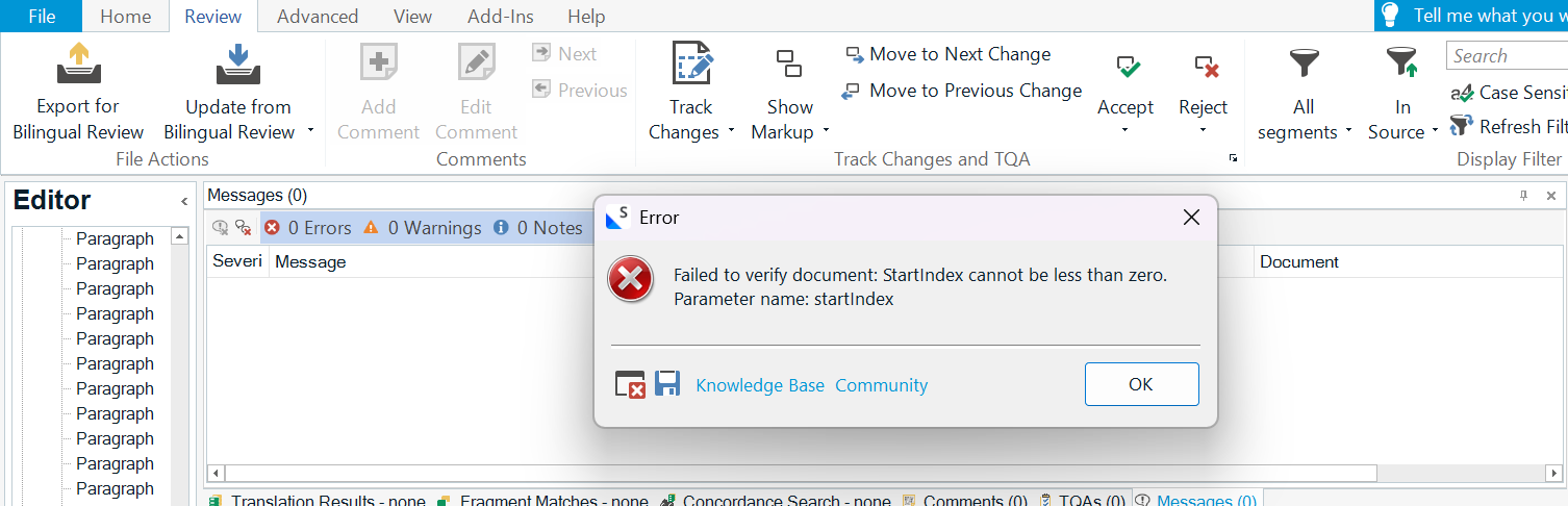 Trados Studio interface showing an error message: 'Failed to verify document: StartIndex cannot be less than zero. Parameter name: startIndex.' The error dialog includes OK, Knowledge Base, and Community options.