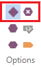 Screenshot showing tag icons in the View ribbon, with a red box highlighting a purple diamond and a purple hexagon with an X inside.