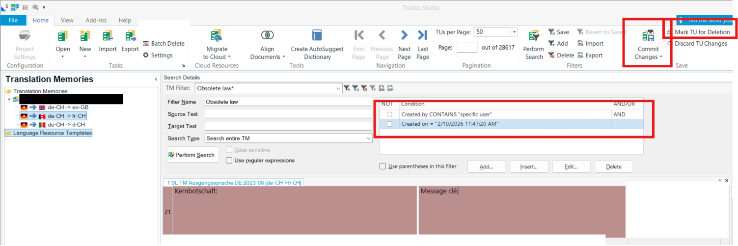 Trados Studio interface displaying a filter for Translation Units. Highlighted areas include 'Mark TU for Deletion', 'Commit Changes', and filter conditions for 'Created by' and 'Created on'.