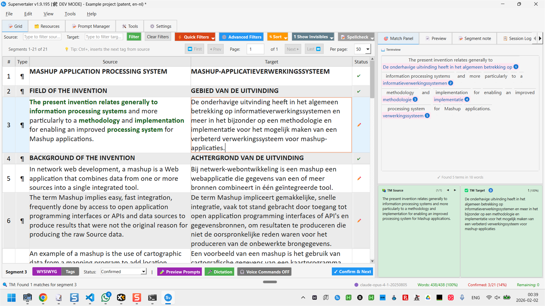 Screenshot of Supervertaler v1.9.195 interface showing a bilingual translation project. The source text discusses a methodology for processing systems, with corresponding target text in Dutch.