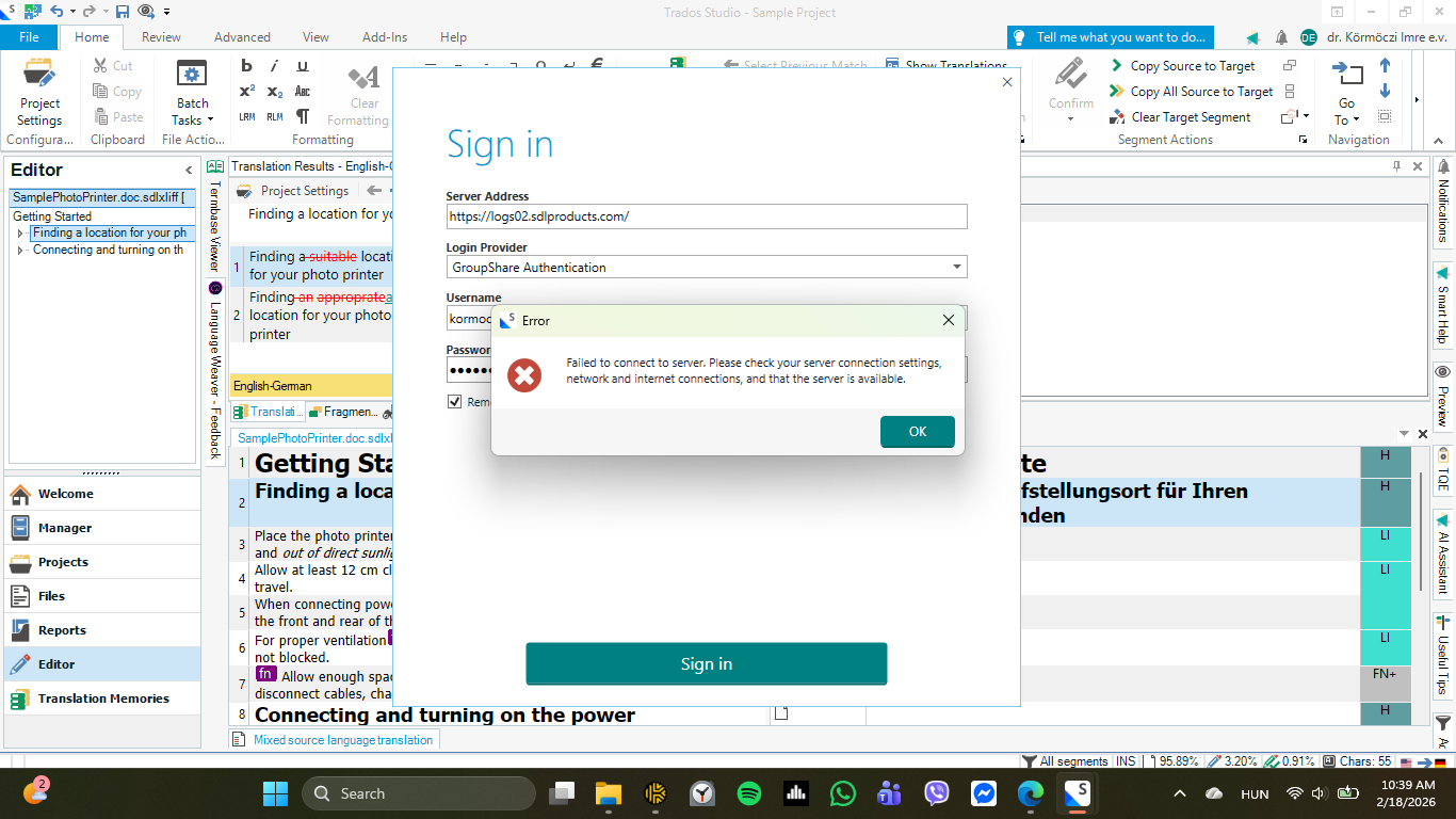 Trados Studio interface showing a 'Sign in' popup with server address logs02.sdlproducts.com, GroupShare Authentication, and an error message stating 'Failed to connect to server.'