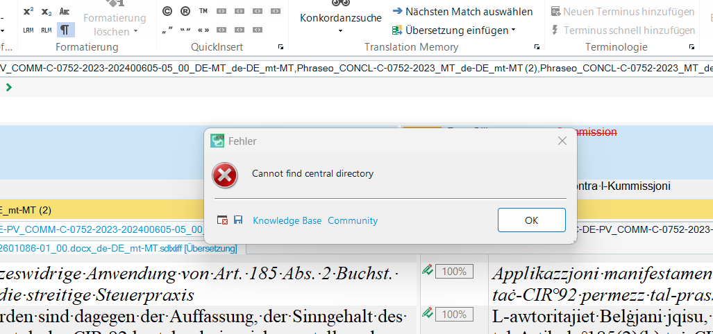 Error message in SDL Trados Studio 2019 stating 'Cannot find central directory' with options for 'Knowledge Base', 'Community', and an 'OK' button.