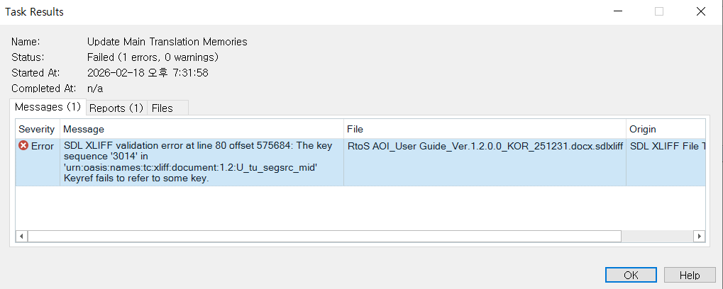 Task Results window showing an error for SDL XLIFF validation at line 80, offset 575684. The error message indicates a key sequence '3014' fails to refer to some key in the file.