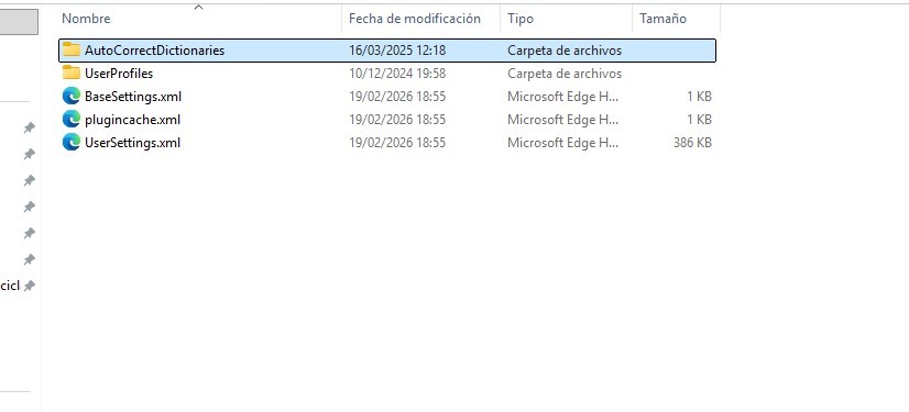 File explorer showing a folder named AutoCorrectDictionaries and files: UserProfiles, BaseSettings.xml, pluginache.xml, and UserSettings.xml with their respective modification dates and sizes.