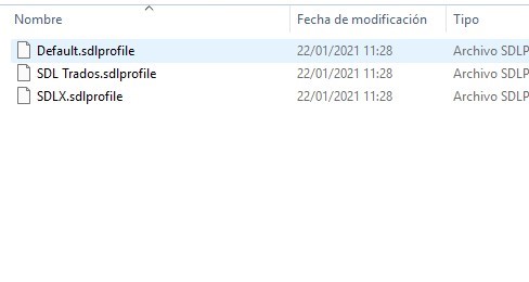 File explorer showing three files: Default.sdlprofile, SDL Trados.sdlprofile, and SDLX.sdlprofile, all with the same modification date and time.